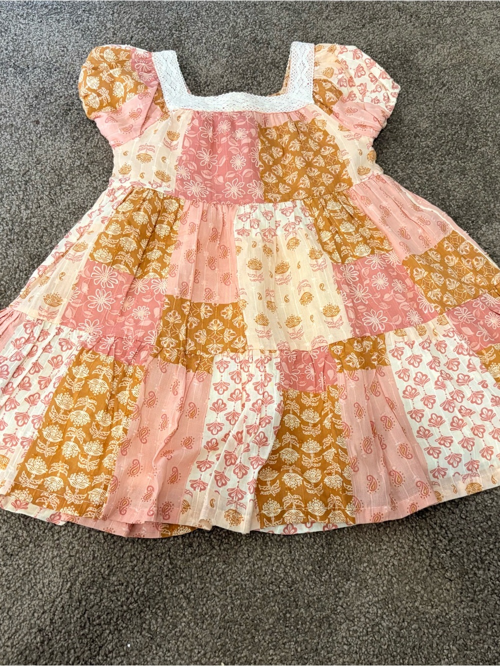 Haute Hippie Pink, Mustard & Cream Patchwork Dress with Lace Neckline